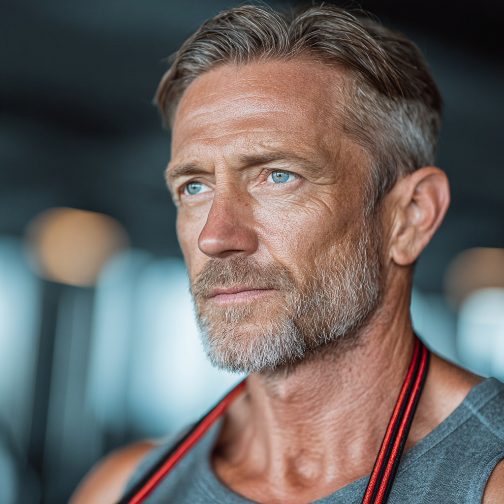 Fit mature man in his 50s using resistance bands during a fitness workout in a bright modern gym, showcasing proper exercise technique and focused concentration