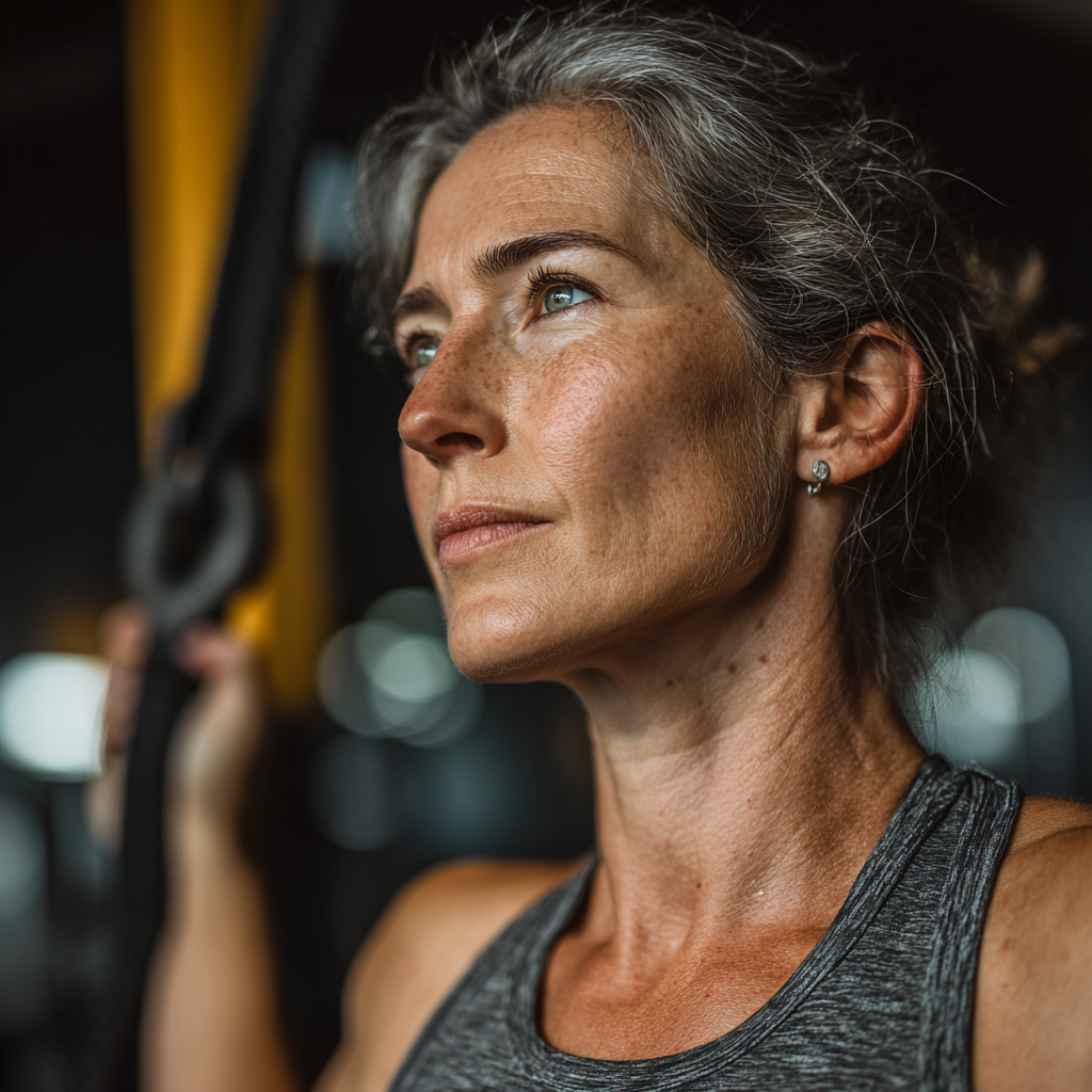 Mature adult woman in her 40s performing functional fitness exercises in a modern gym, demonstrating proper form while doing resistance training with focus and determination